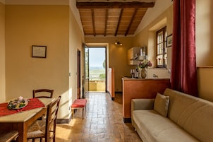 Un interior acogedor con comedor, sofá y cocina.