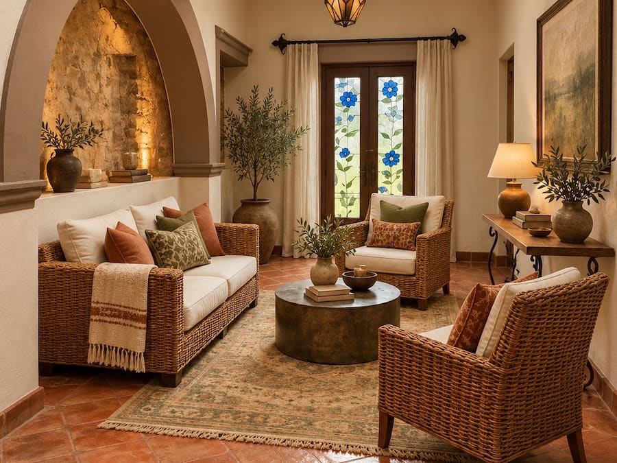 A cozy living room with a fireplace, wicker furniture, and a large window with floral curtains.