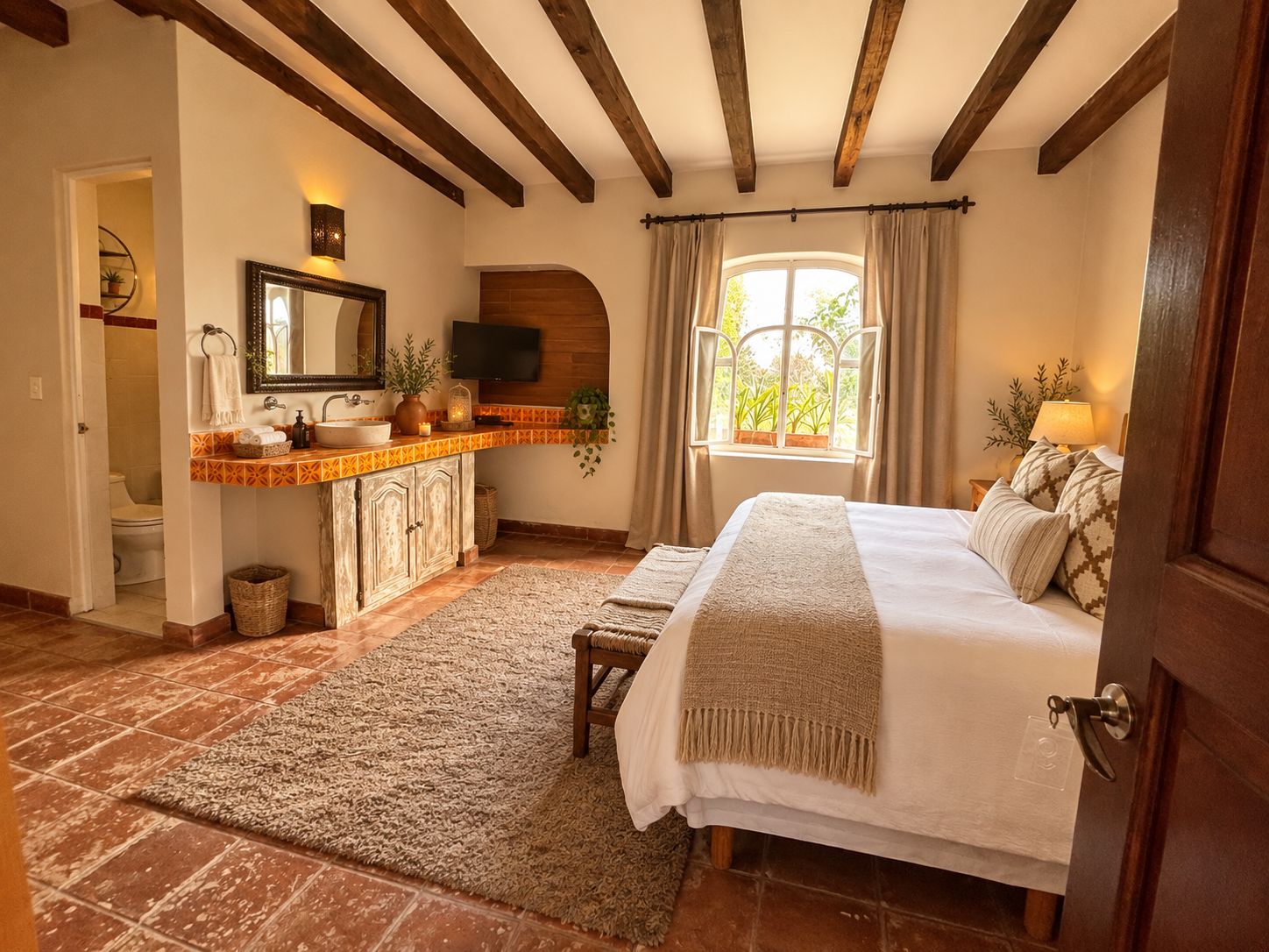 A bedroom with a bed, a bathroom with a sink, and a TV.