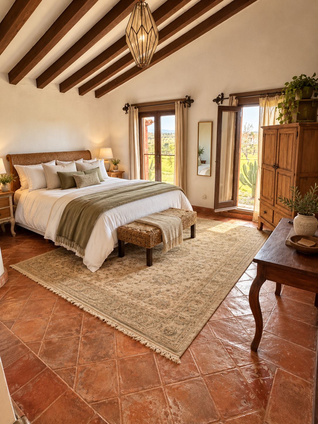 A bedroom with a large bed, wooden beams, a hanging light fixture, a view through a door, and a cabinet with plants.