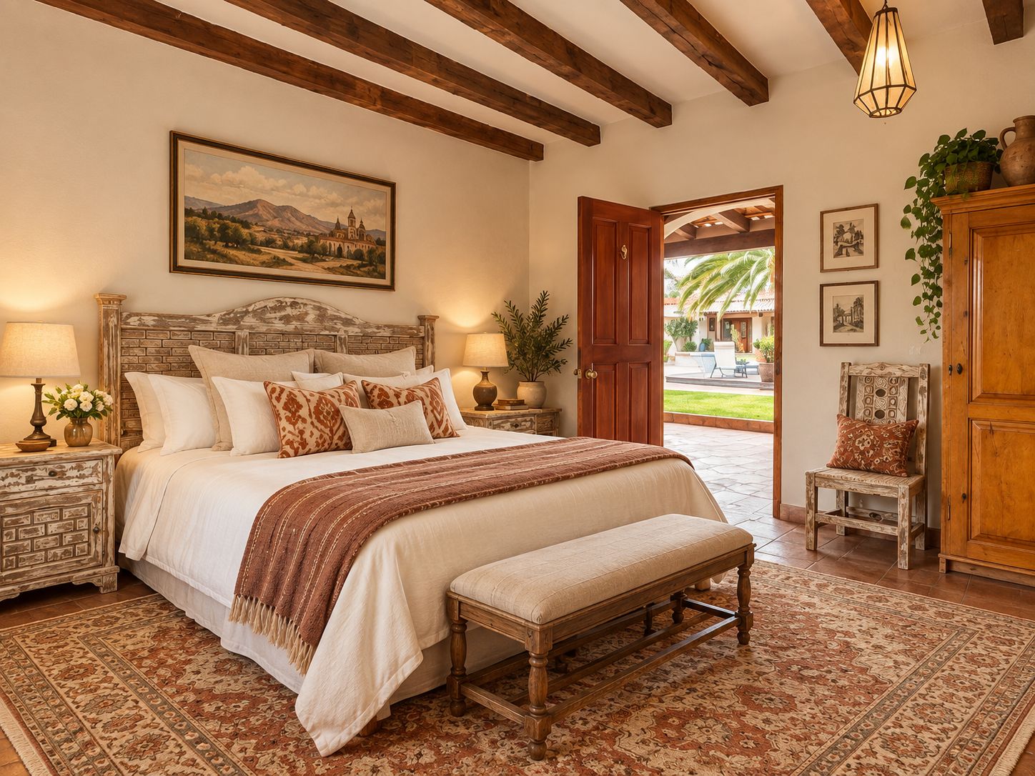Un dormitorio con una cama grande, cabecera de madera, mesitas de noche con lámparas, un banco y vistas al exterior.