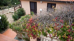 Una casa con techo de tejas, un jardín con diversas plantas y una cerca.