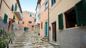 A narrow stone staircase leading up to a building with green shutters and a door. - Appartamento Bilo Amore (Portoferraio)