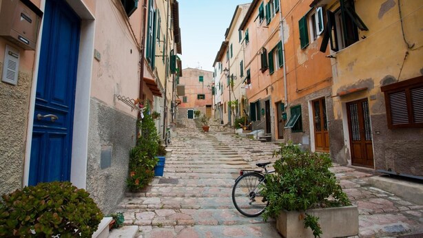 A narrow stone-paved street flanked by buildings with blue doors and green shutters, leading up a set of stairs. - Appartamento Bilo Amore (Portoferraio)