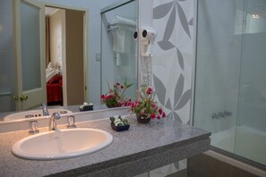 Familiekamer, meerdere bedden | Badkamer | Een bad/douchecombinatie, een bubbelbad, een hydromassagedouche