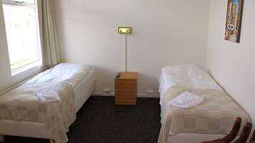 A room with two single beds, a bedside table with a lamp, a chair, and a window with curtains.