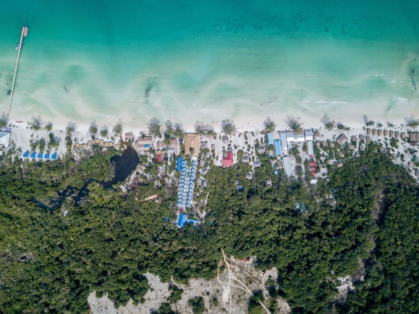 Vista aérea de un complejo turístico costero con playa, bosque denso y muelle.