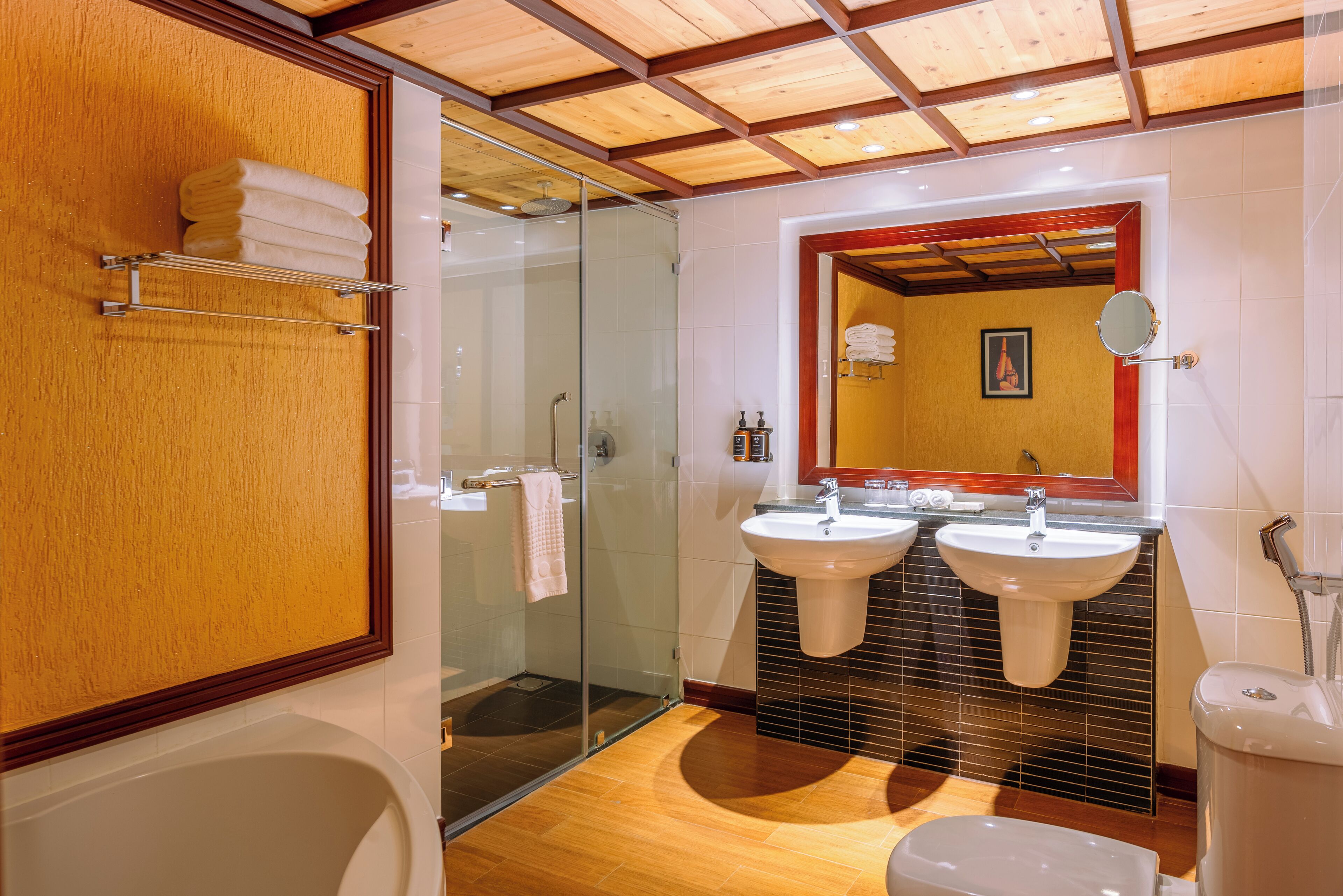 Room, 2 Double Beds | Bathroom | Deep soaking tub, rainfall showerhead, eco-friendly toiletries