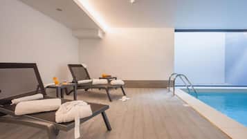 Indoor pool, open 10:00 AM to 10:00 PM, sun loungers