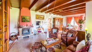 Télévision, cheminée, livres