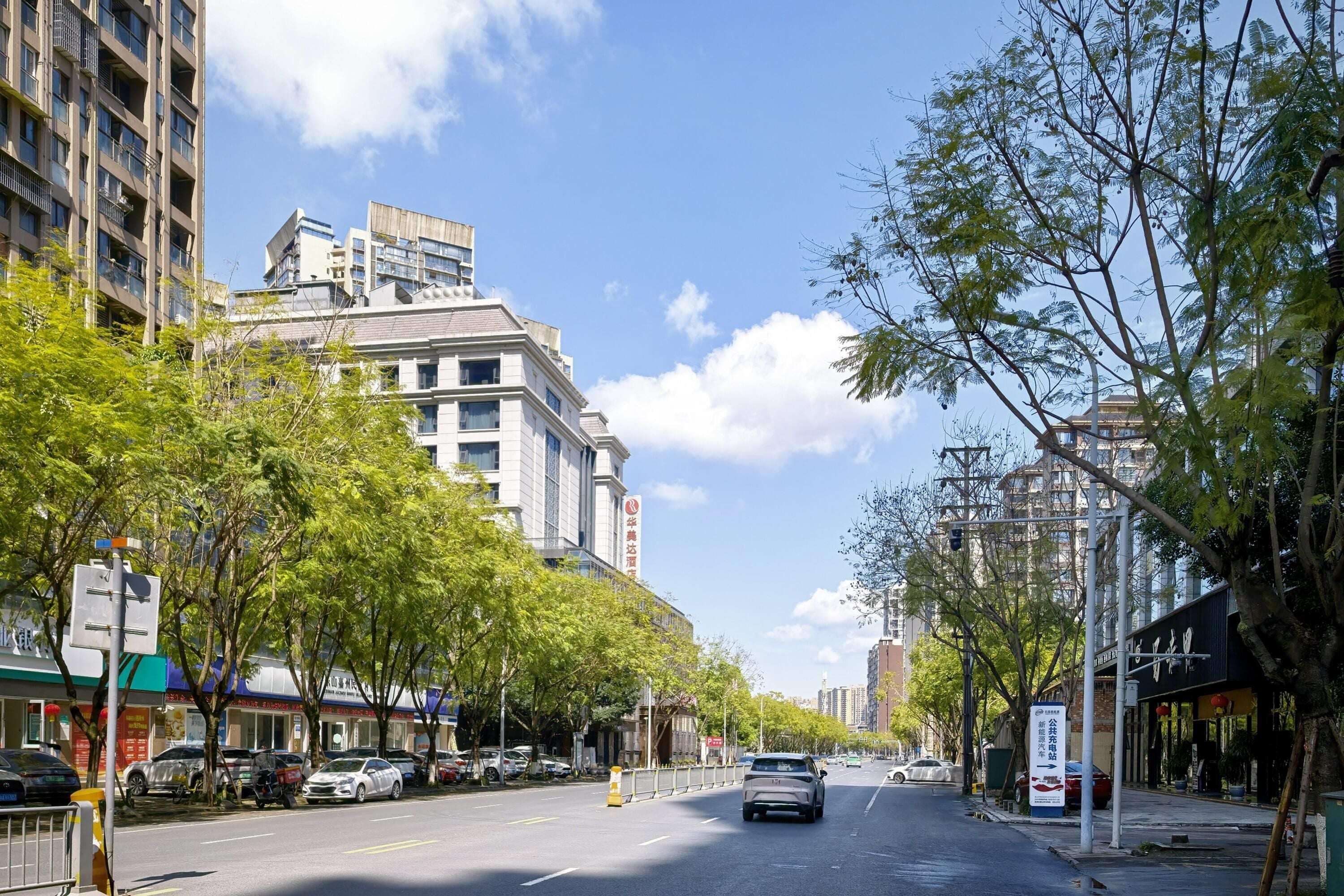 Une rue bordée d’immeubles, d’arbres et de voitures garées.