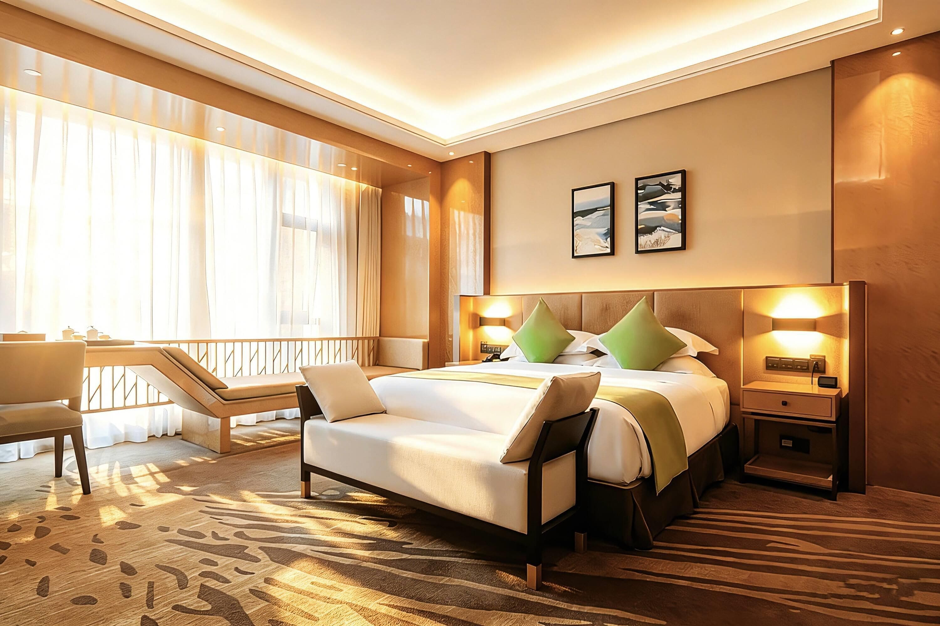 A hotel room with a bed, bedside tables, a desk, and a chair.