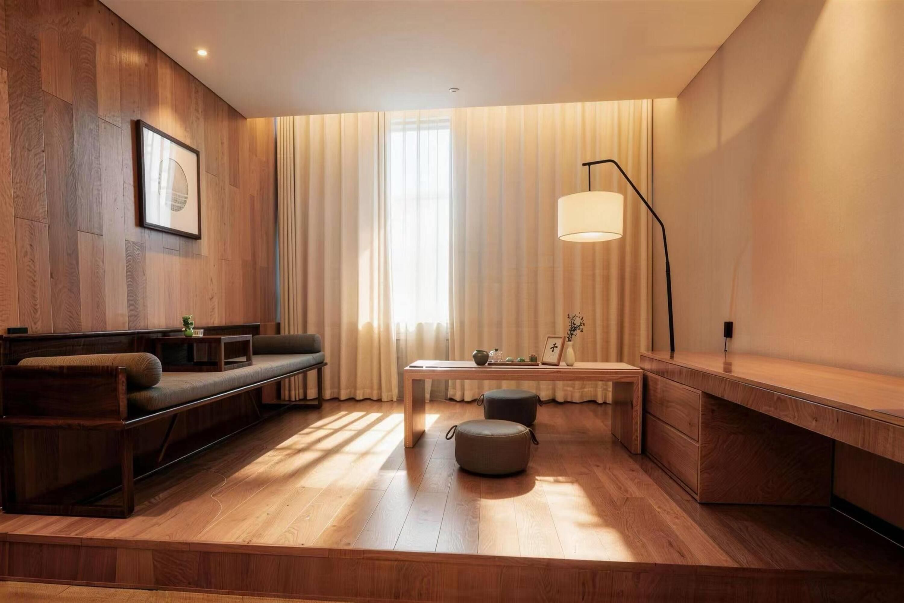Una sala moderna con piso de madera, un sofá, una mesa y una lámpara.