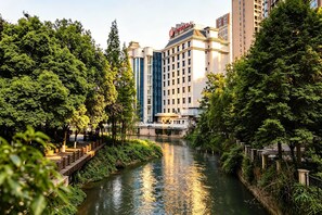 Un fiume scorre attraverso un parco con un ponte, circondato da alberi ed edifici.