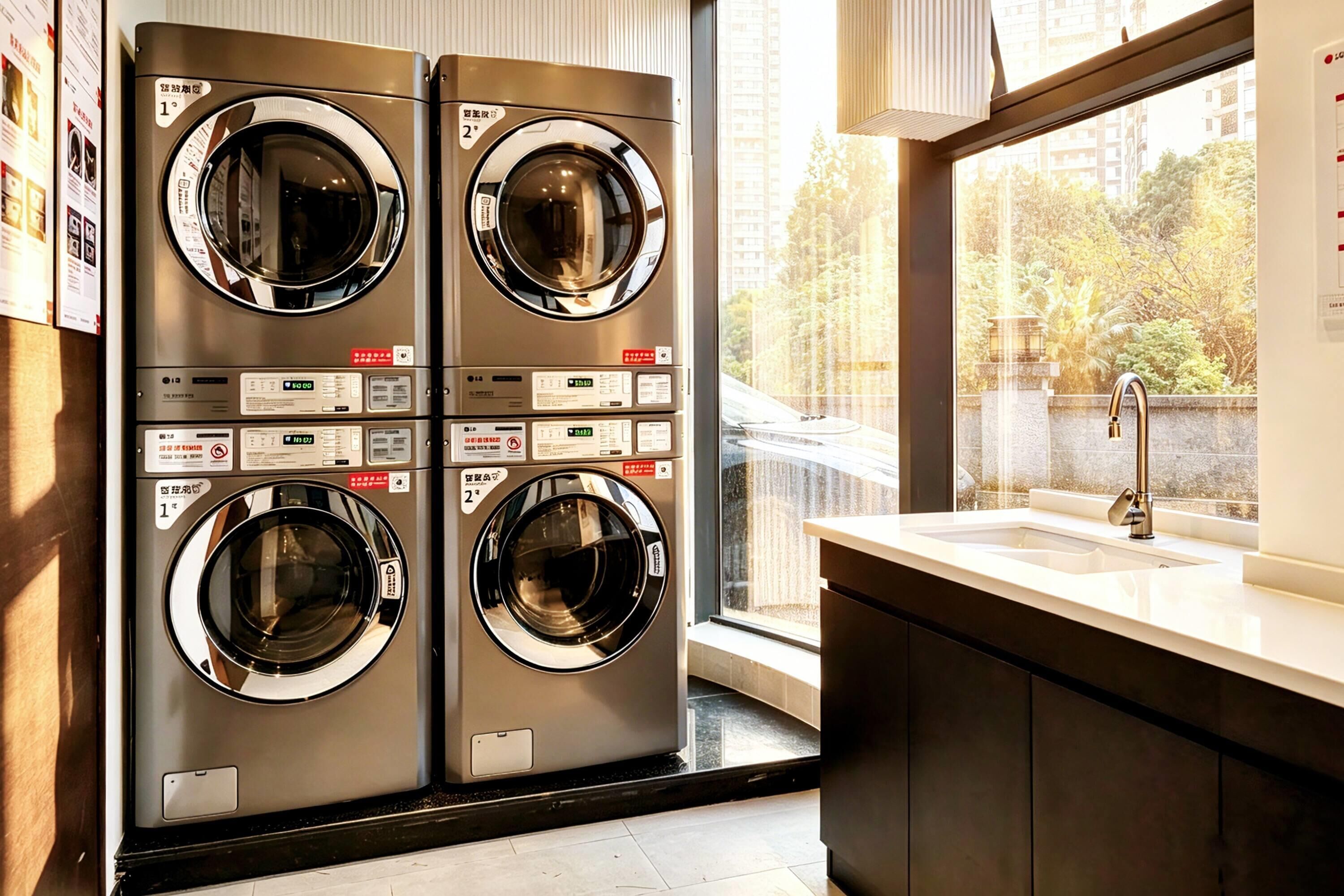 A laundry room with four washing machines, a sink, and a window with a view of buildings and trees.