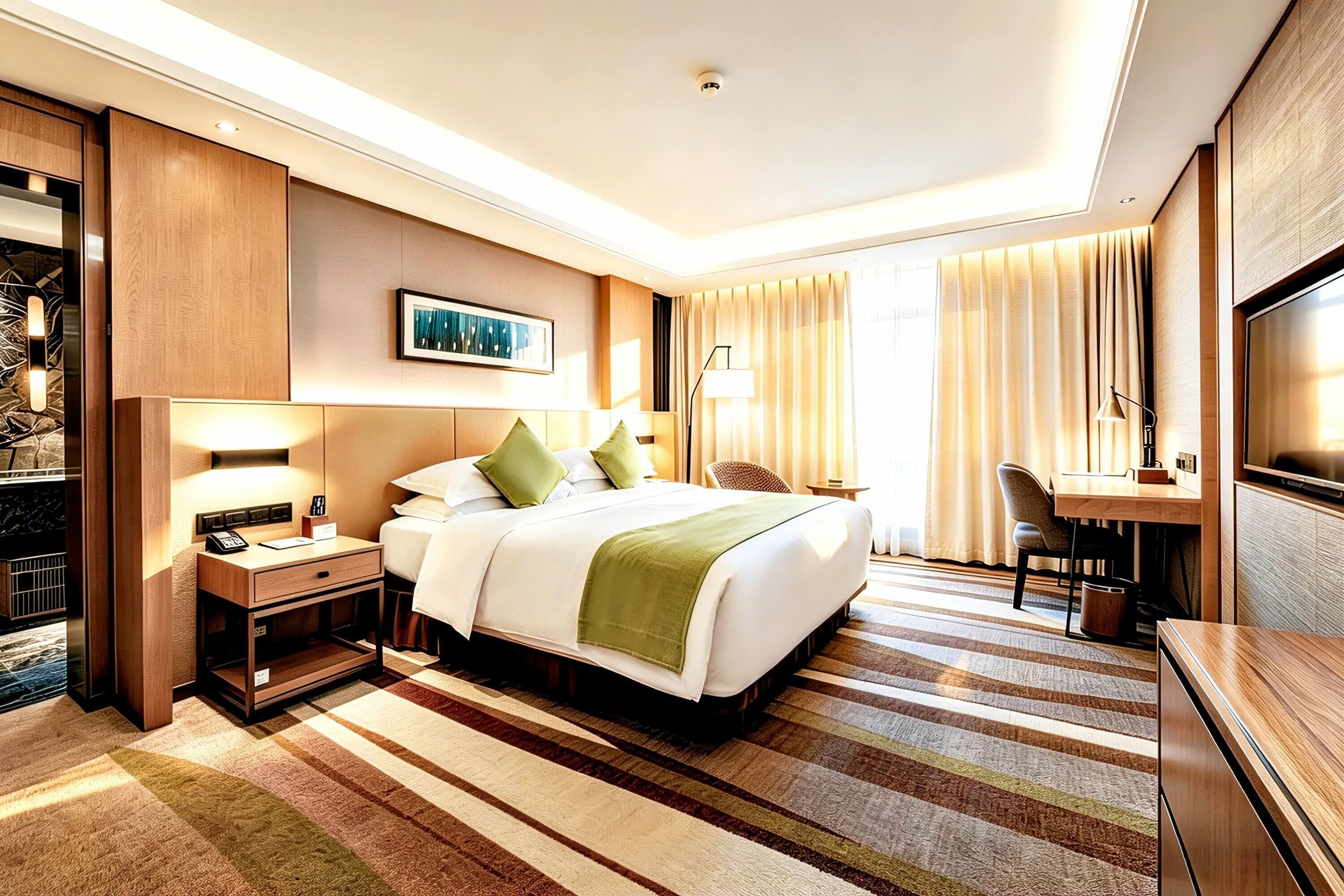Una habitación de hotel con cama, mesita de noche, lámpara, escritorio, silla y televisor.