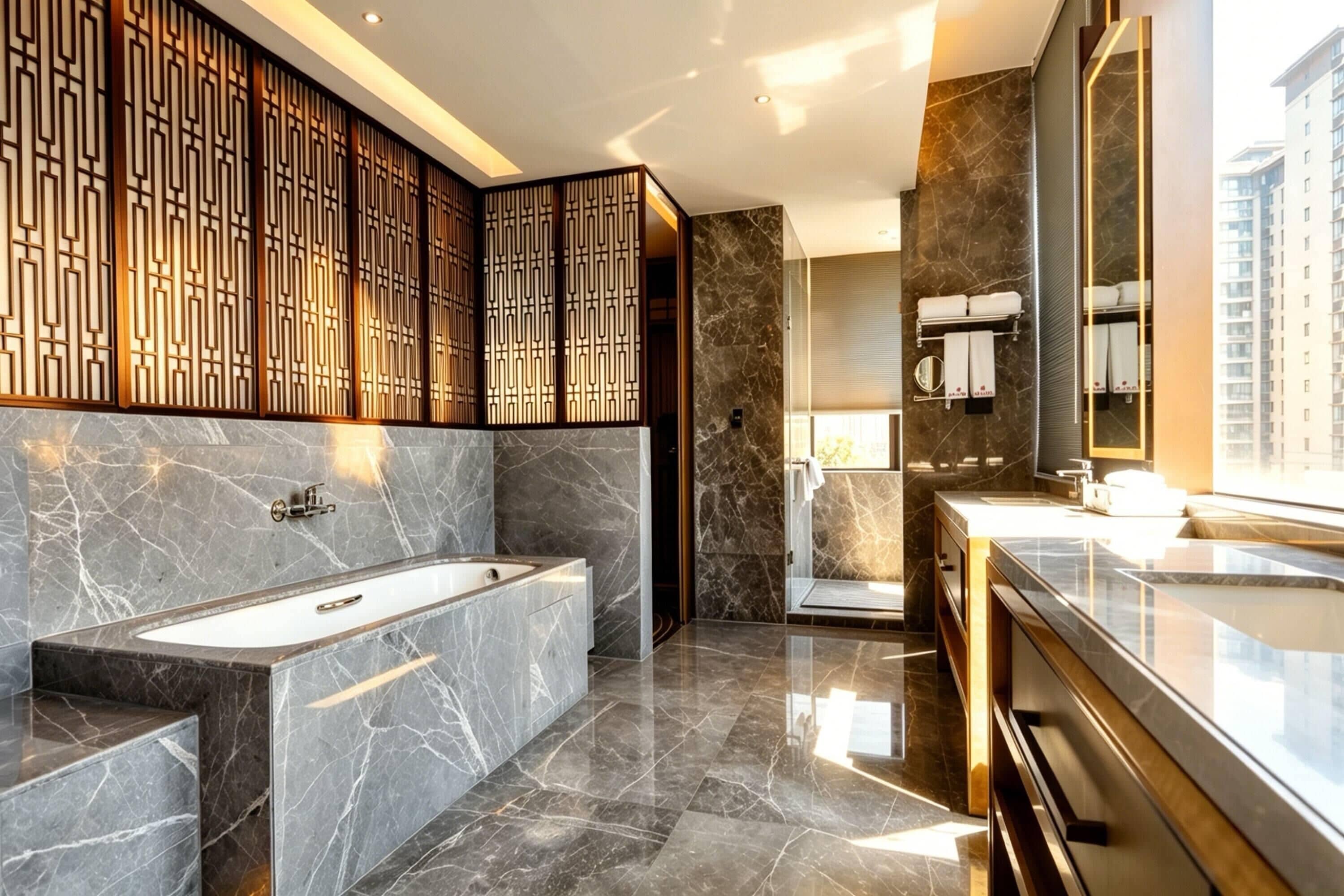 A modern bathroom with a bathtub, marble walls, and a large mirror.