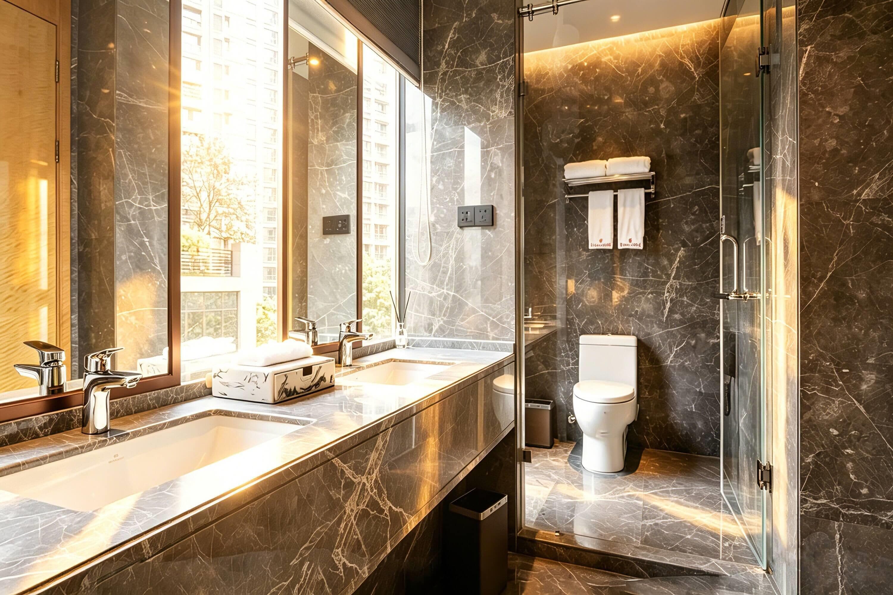 Un baño moderno con un espejo grande, dos lavamanos, un inodoro y una cabina de ducha de vidrio.