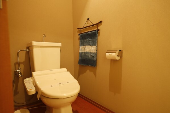 A bathroom with a toilet, a hand dryer, and a roll of toilet paper on the wall. - Tateshina Ai (Chino)
