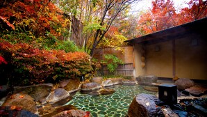 A traditional Japanese garden with a koi pond, rocks, and autumn foliage. - Tateshina Ai (Chino)