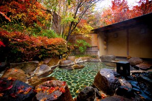 A traditional Japanese garden with a koi pond, rocks, and autumn foliage. - Tateshina Ai (Chino)