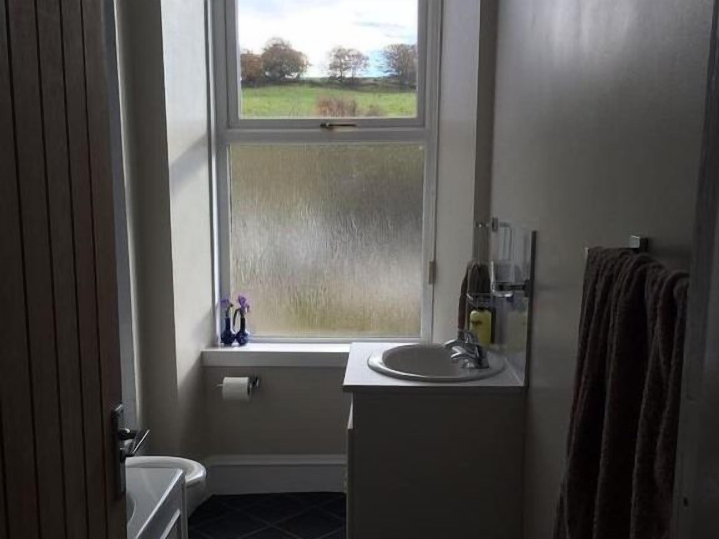 A bathroom with a window, a sink, and a towel rack.