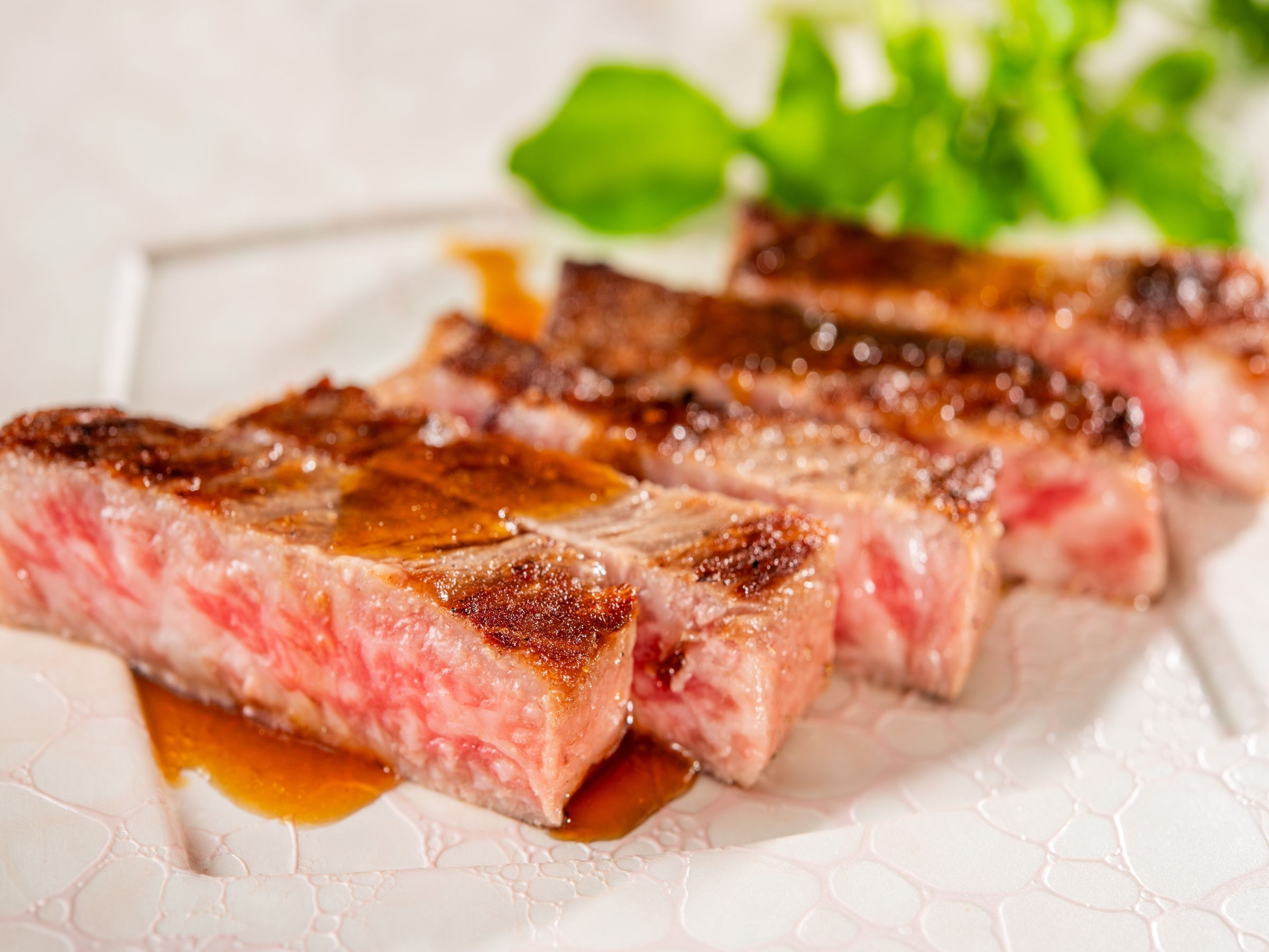 Primer plano de un bistec con costra brillante y caramelizada, servido en un plato blanco con diseño decorativo.