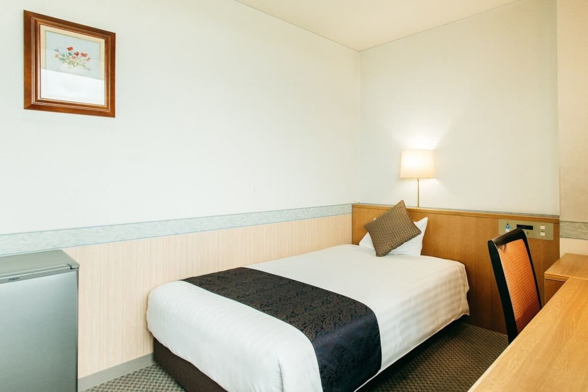 A hotel room with a bed, a desk, a lamp, a television, and a framed picture on the wall.