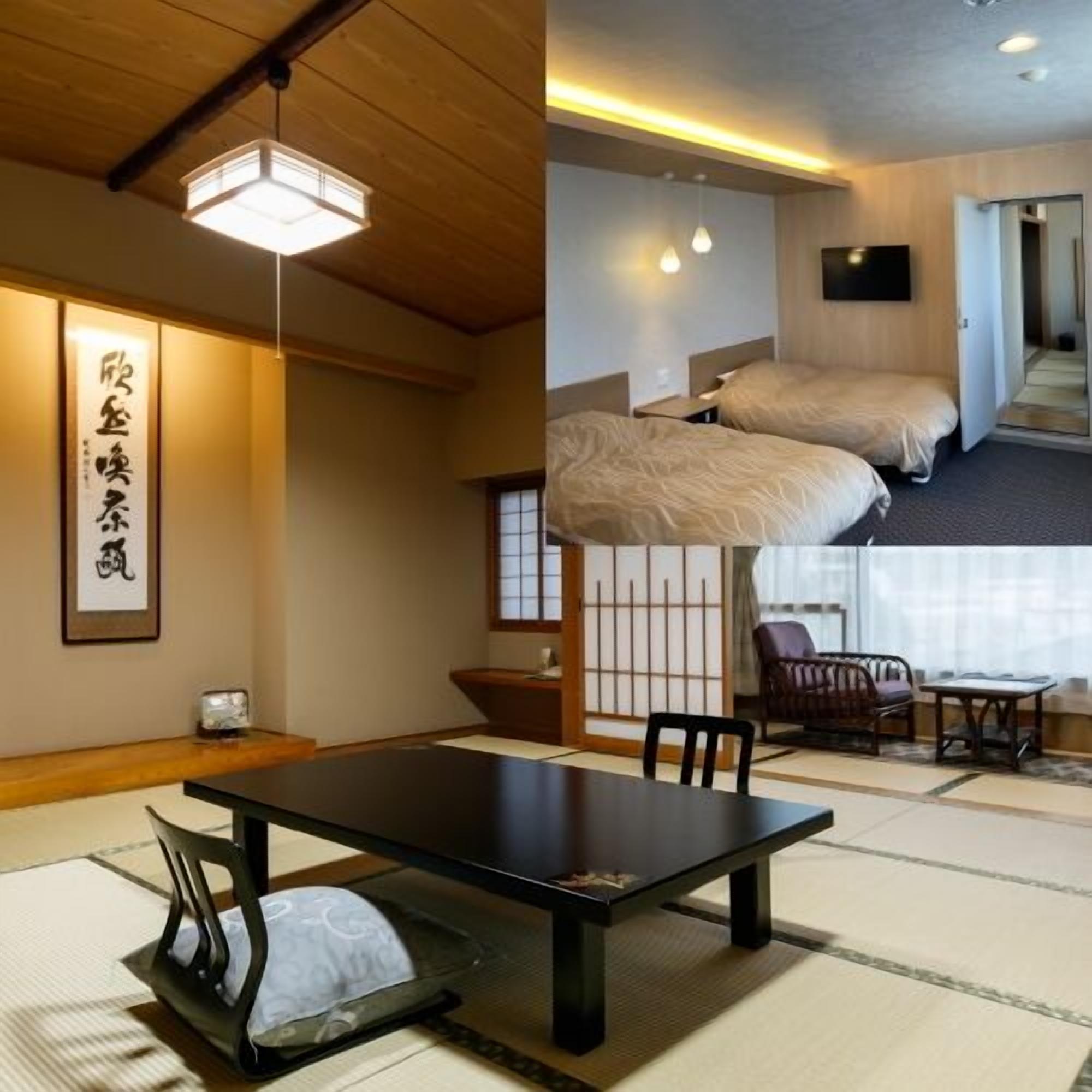 A traditional Japanese-style room with tatami flooring, a low table with chairs, a bed, and a television.