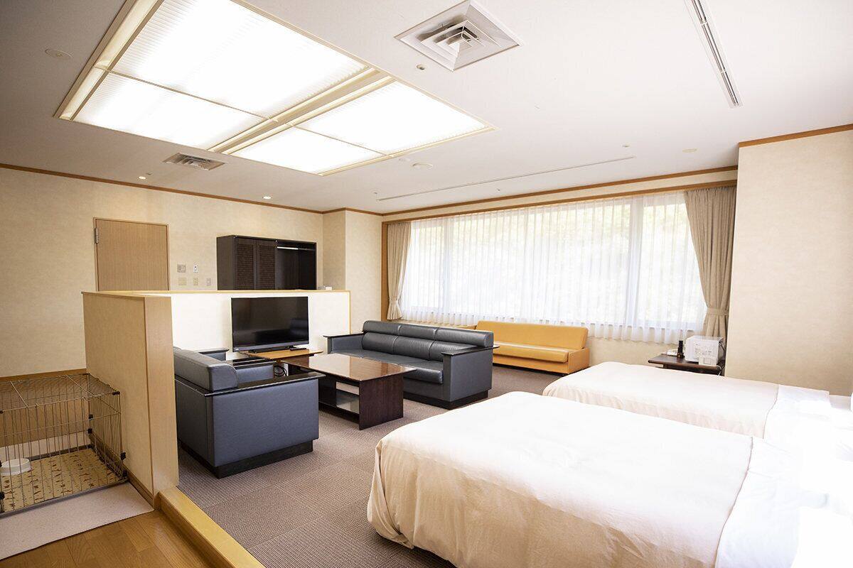 A hotel room with a bed, a sofa, a desk with a TV, and a window with curtains.