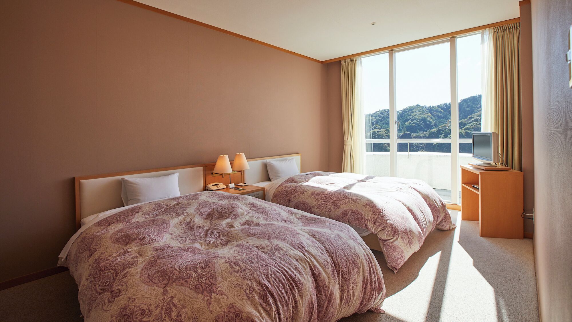 Quarto de hotel com duas camas, televisão e vista para uma paisagem montanhosa.