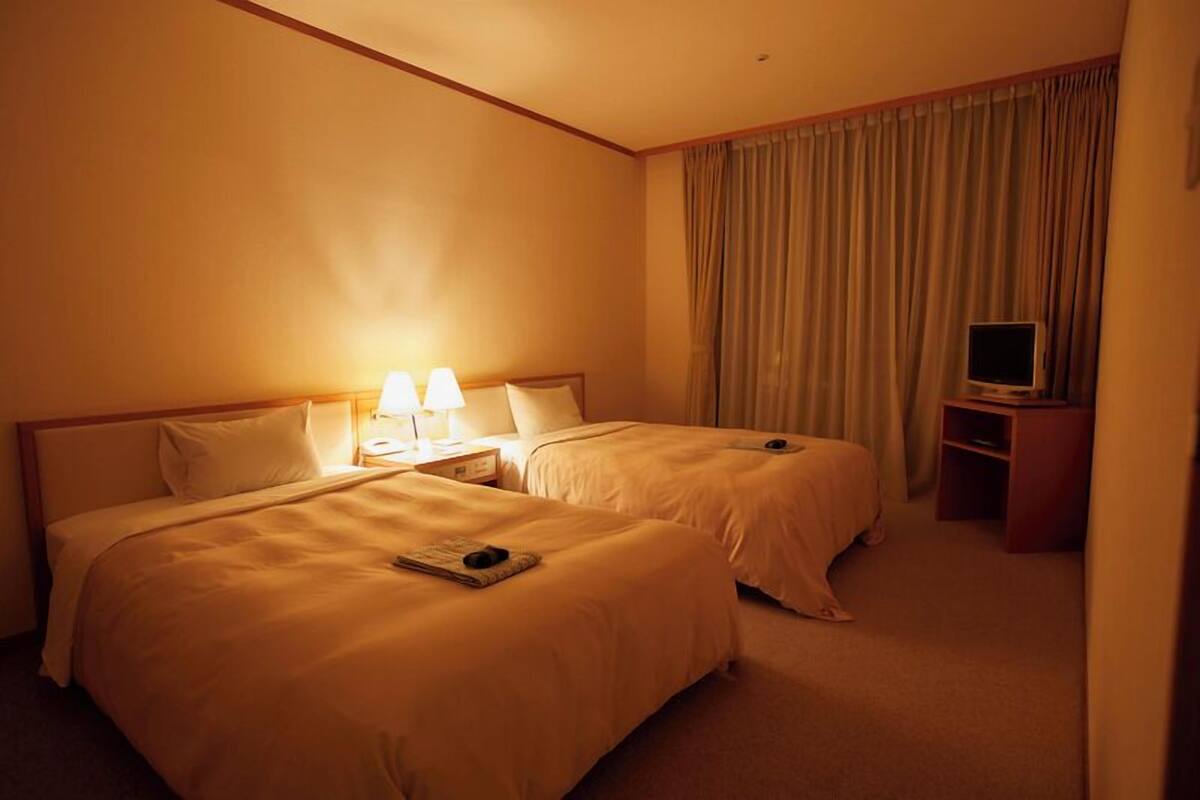 A hotel room with two beds, a television, and a lamp.