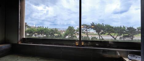 A room with a large window overlooking a park and a road.