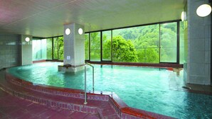 Una piscina interior con vistas despejadas a un bosque a través de amplios ventanales.