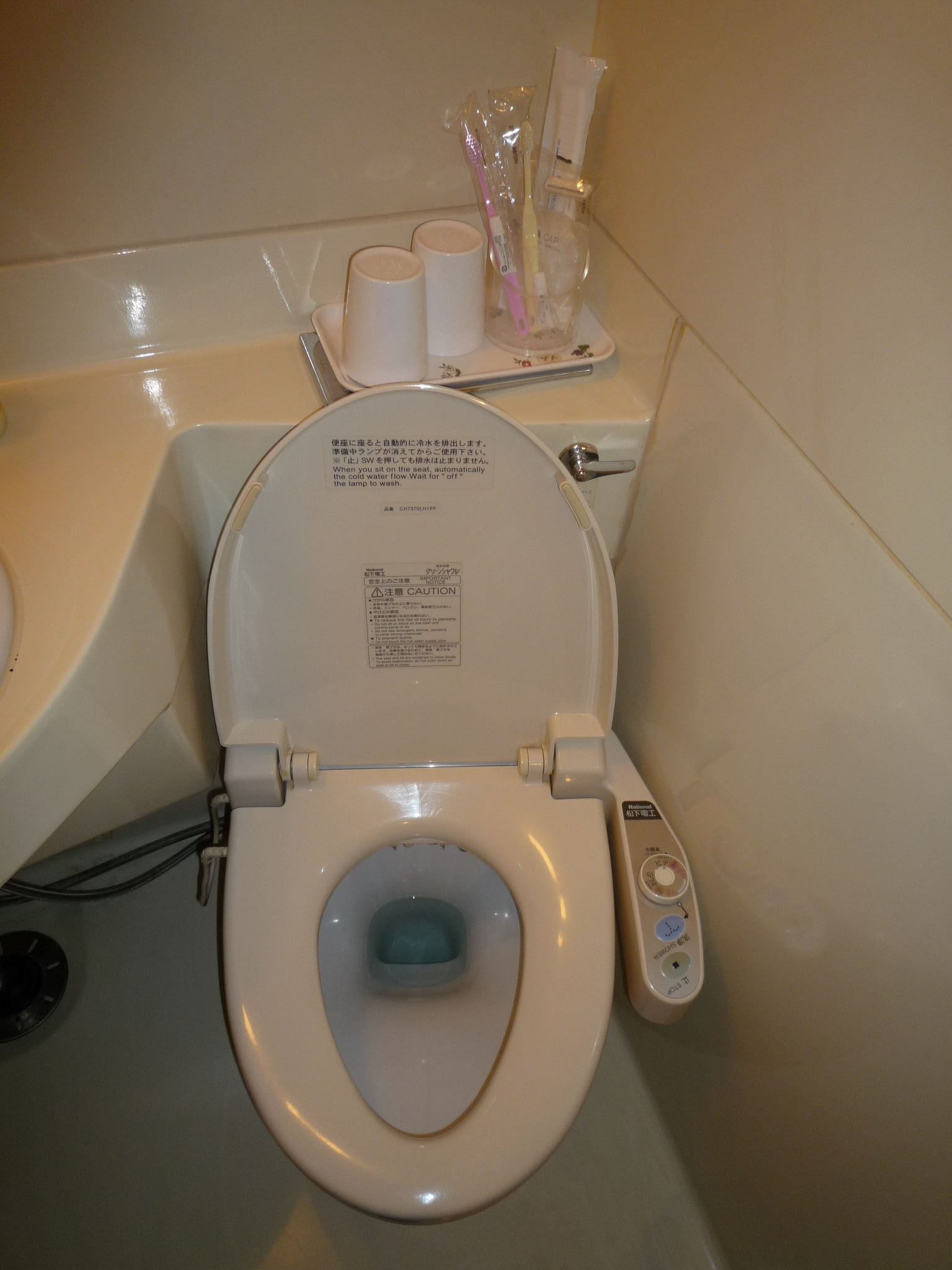A modern toilet with a control panel, a toilet paper holder, and a bidet spray bottle.