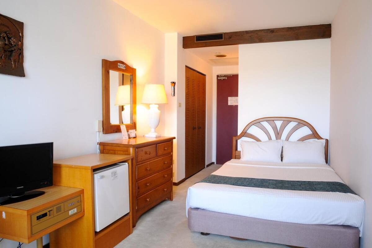A hotel room with a bed, a desk with a television, a small refrigerator, a dresser, and a mirror.