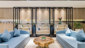 Uma sala de estar moderna com dois sofás azul-claros, uma mesa de centro de madeira e uma estante repleta de livros.