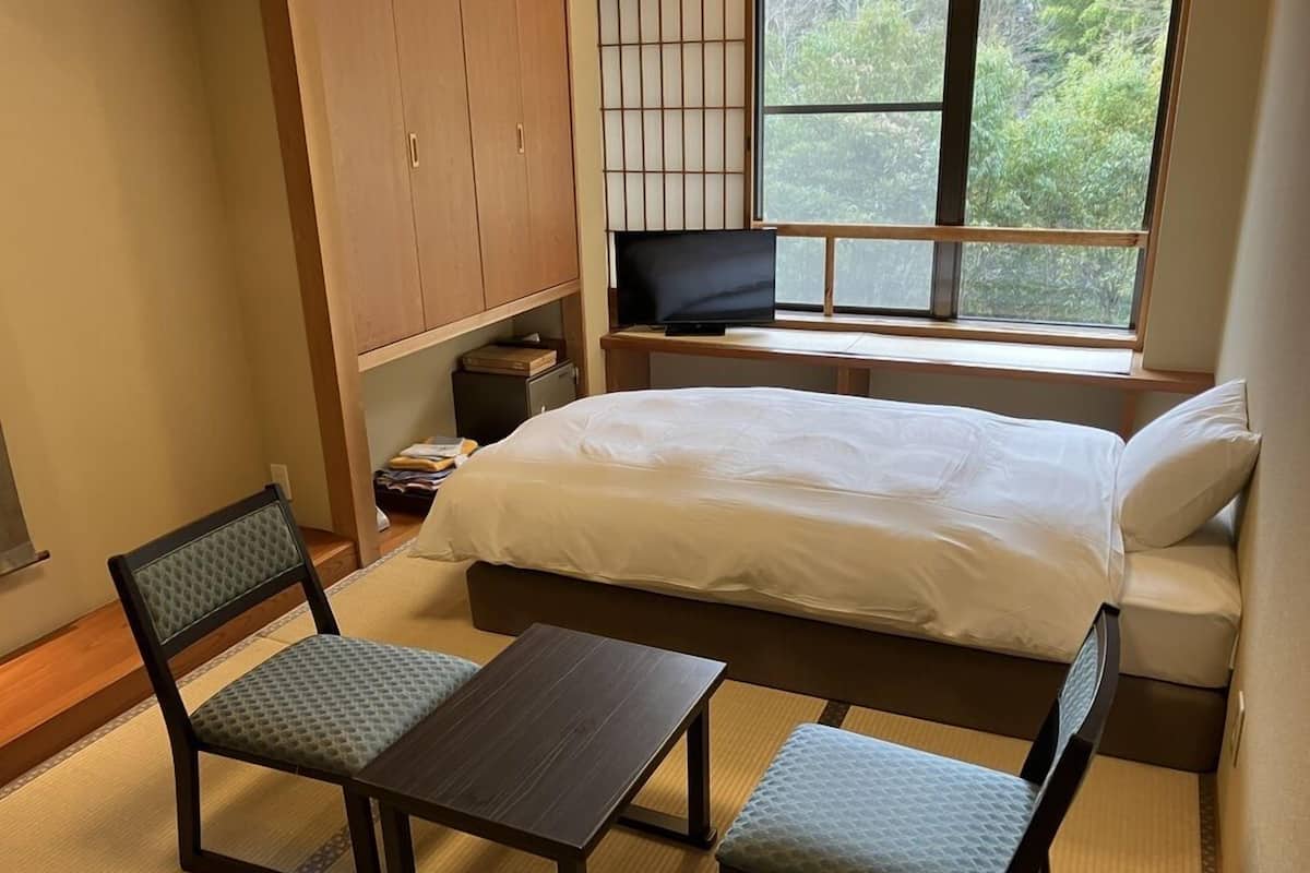 Une chambre à coucher avec un lit, une télévision, un bureau et deux chaises.