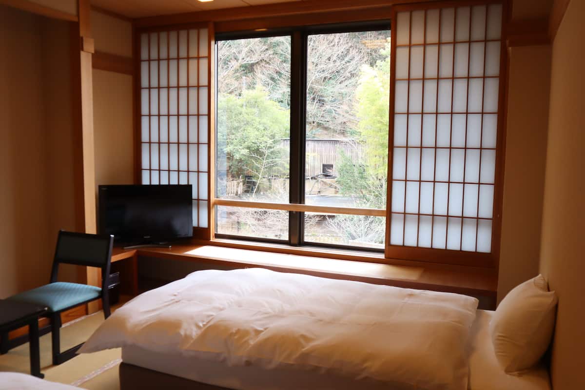 Une chambre d’hôtel avec un lit, une télévision, un bureau et une fenêtre donnant sur des arbres et une clôture.