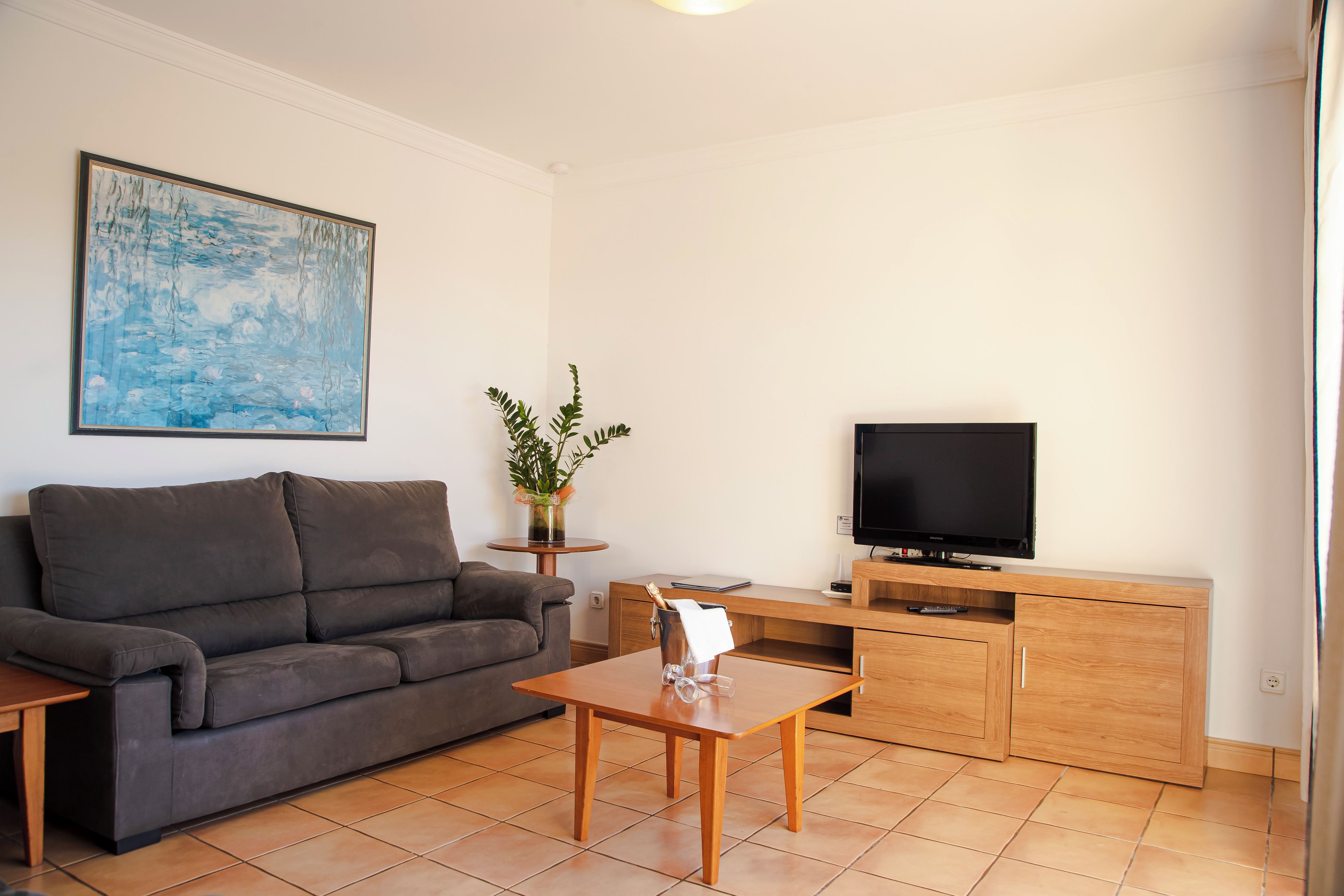 A living room with a sofa, a coffee table, a TV, and a cabinet.
