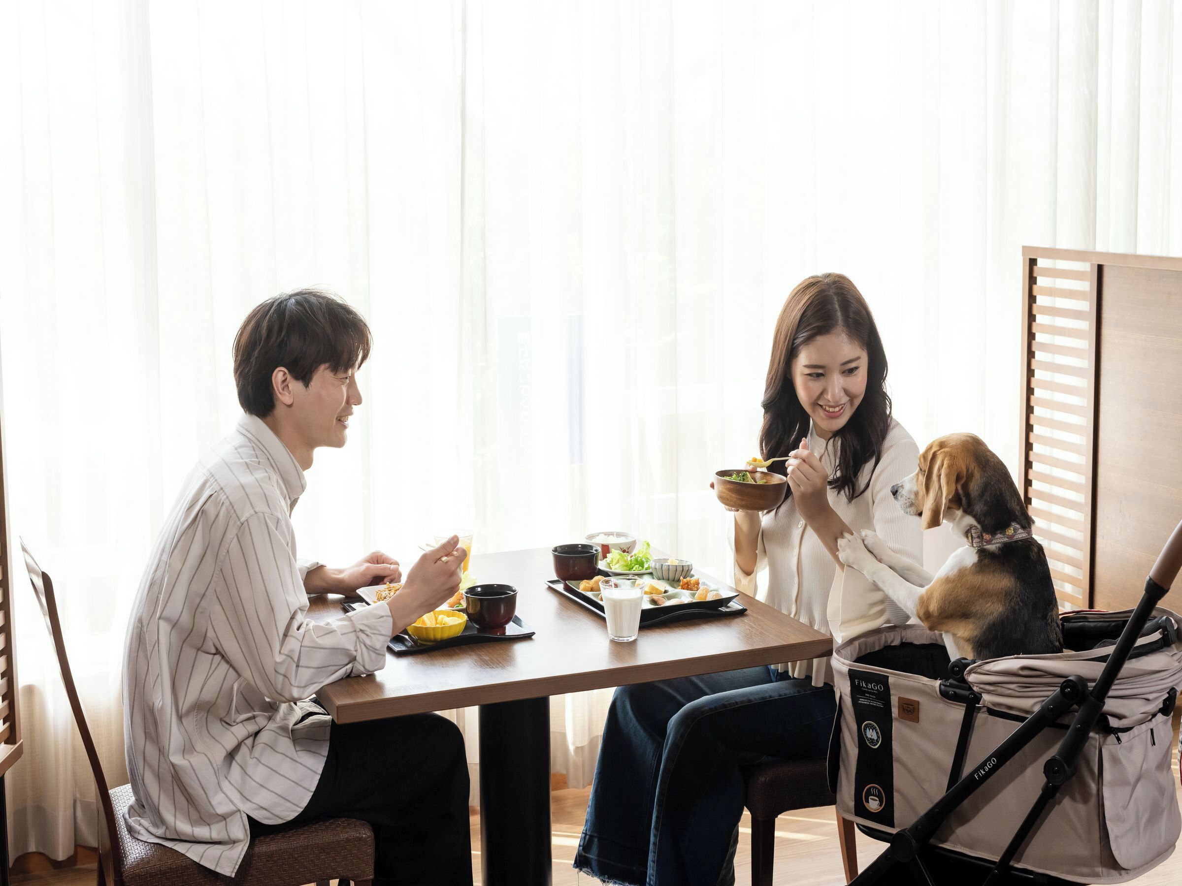 A dining table with food and drinks, a dog, and a baby stroller.