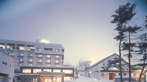 A snow-covered street with modern buildings, including a multi-story hotel with balconies and a ground-level entrance. - Hotel North Shiga (Yamanouchi)