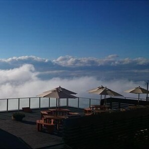Une terrasse dotée de sièges extérieurs et de parasols, offrant une vue sur un paysage enveloppé de nuages.