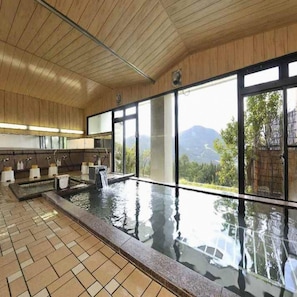 A large indoor swimming pool with a view of mountains through large windows. - Hotel North Shiga (Yamanouchi)