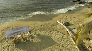 Een strand met een tent en stoelen, een palmboom en een rotsachtige kustlijn.