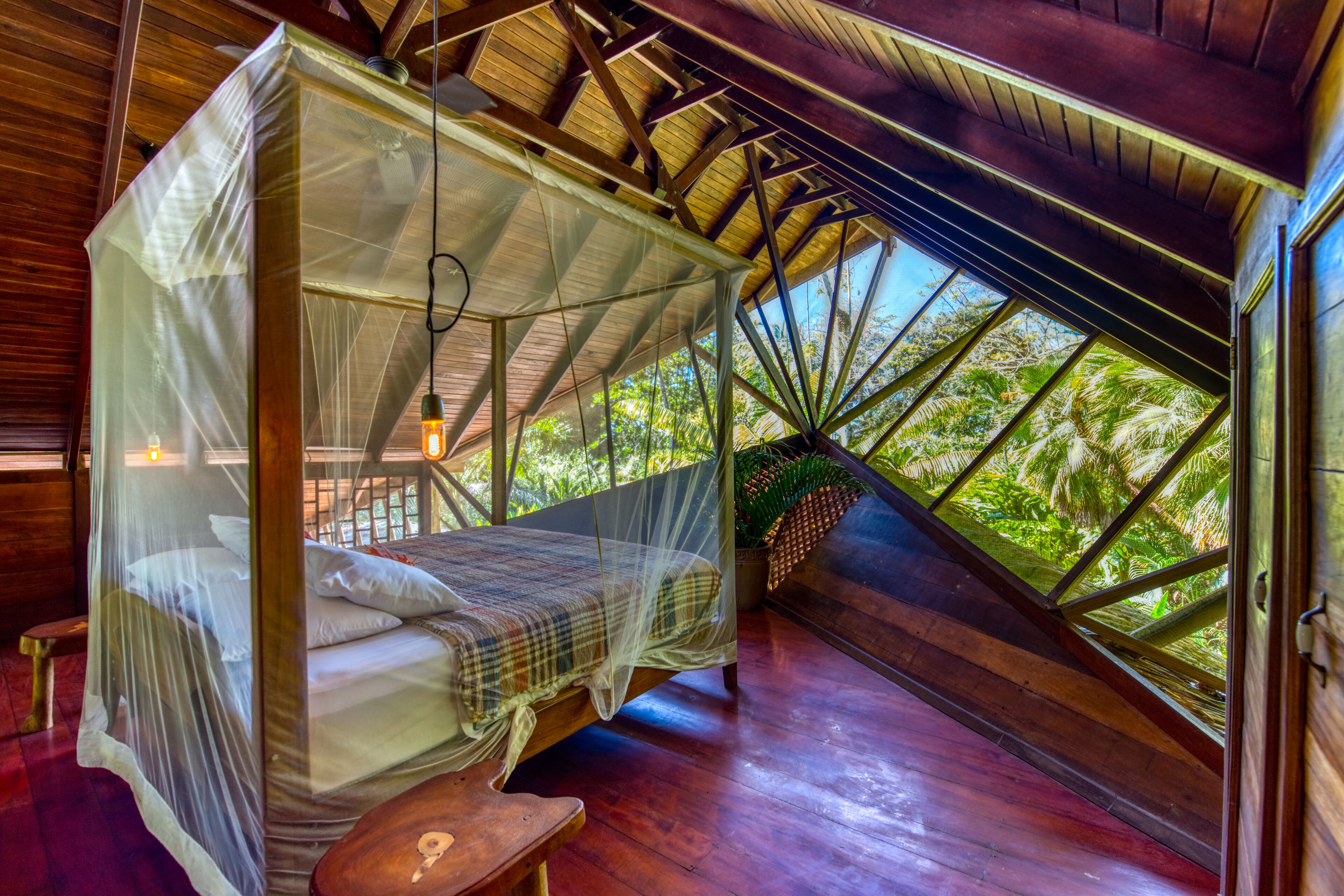 A room with a bed under a mosquito net, wooden floors, and large windows with a view of greenery.