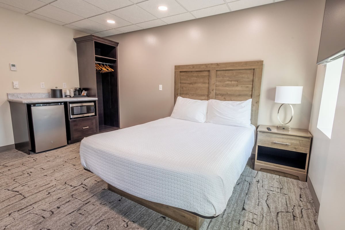 A hotel room with a bed, a desk, a microwave, a coffee maker, and a closet.