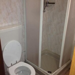 Ein Badezimmer mit Toilette, Duschkabine und gefliesten Wänden.
