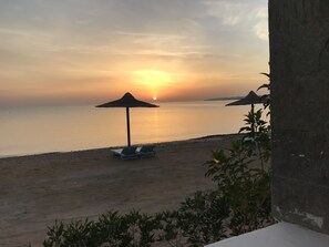 Private beach, sun loungers, beach umbrellas, beach towels