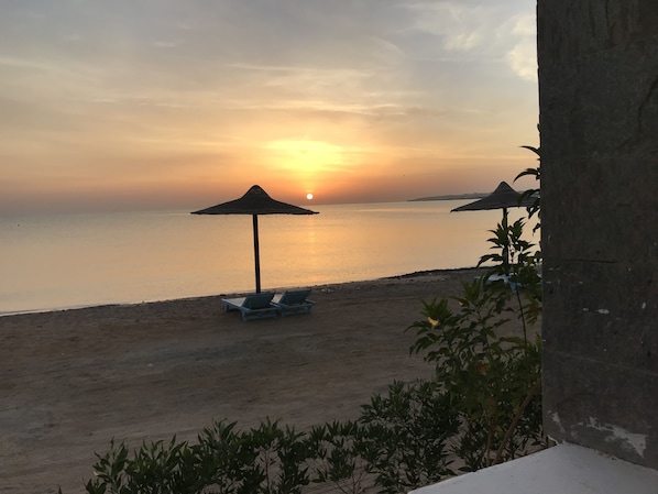 Private beach, sun loungers, beach umbrellas, beach towels